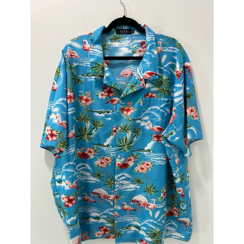 SSLR Mens 3XL Blue Flamingo Tropical Palm Tree Hibiscus Hawaiian Camp Shirt